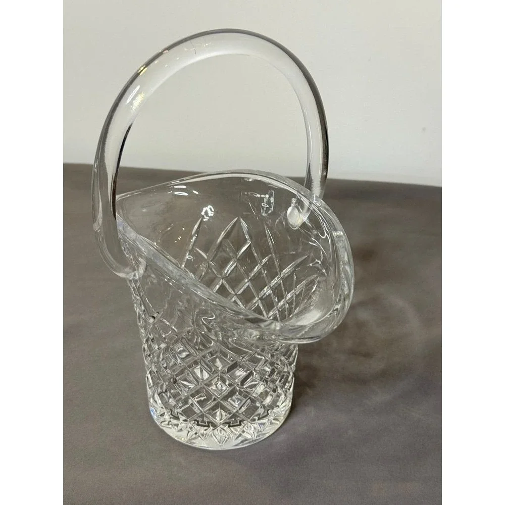 Vintage Crystal Basket Vase Cut Glass Diamond Pattern Handled Vase Elegant Decor